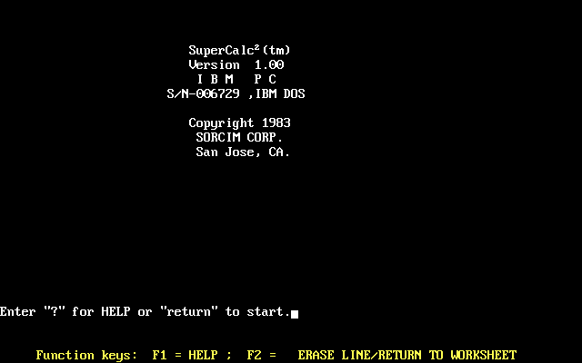 SuperCalc 2 v1.00 IBM PC - Splash